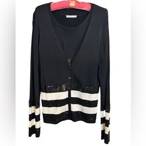 Vintage Black And White Sequin Sweater Set Embellished Cardigan Shell Size XL